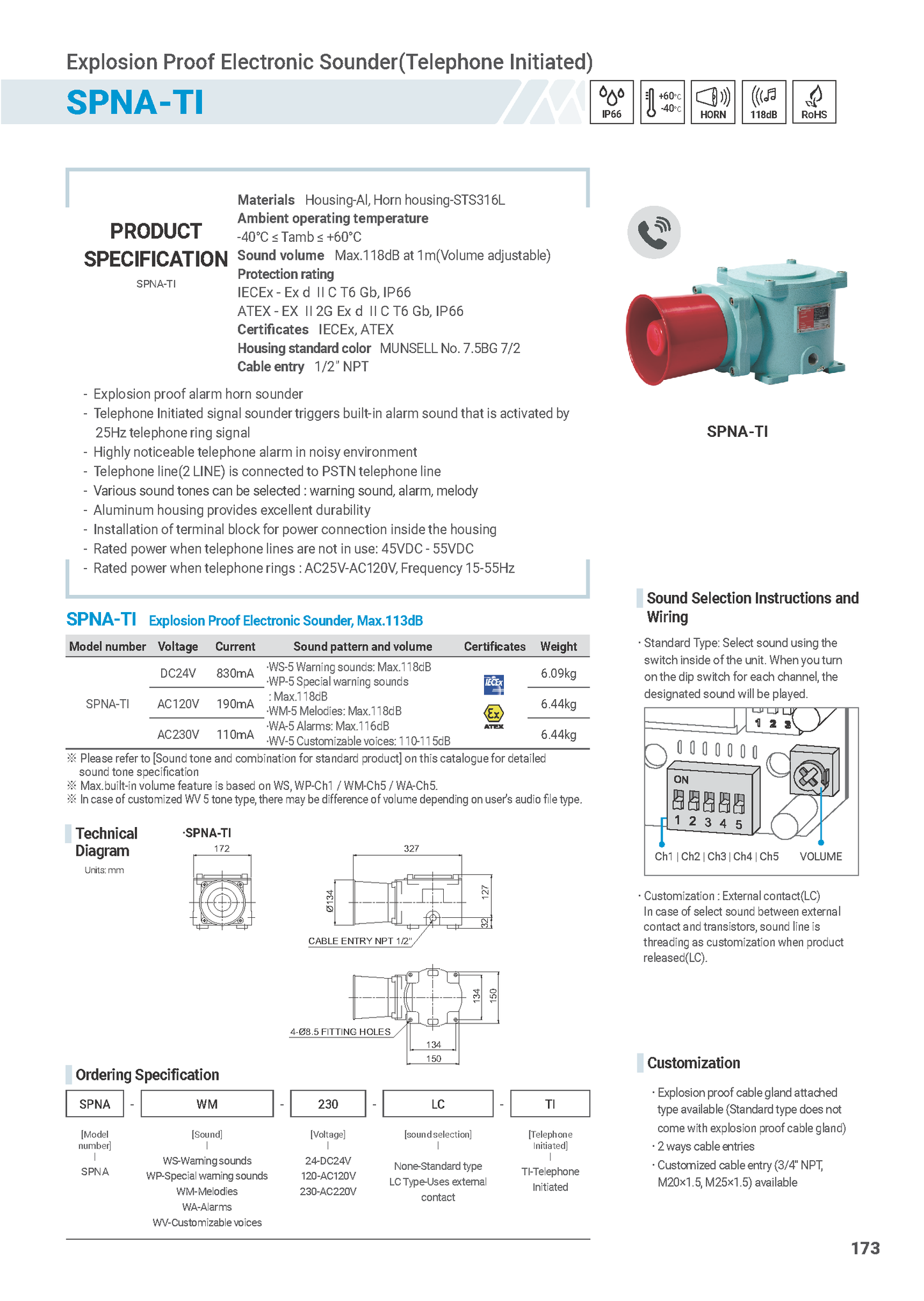 Explosion Proof Electronic Sounders SPNA Series SPNA-TI Telephone initiated signaling