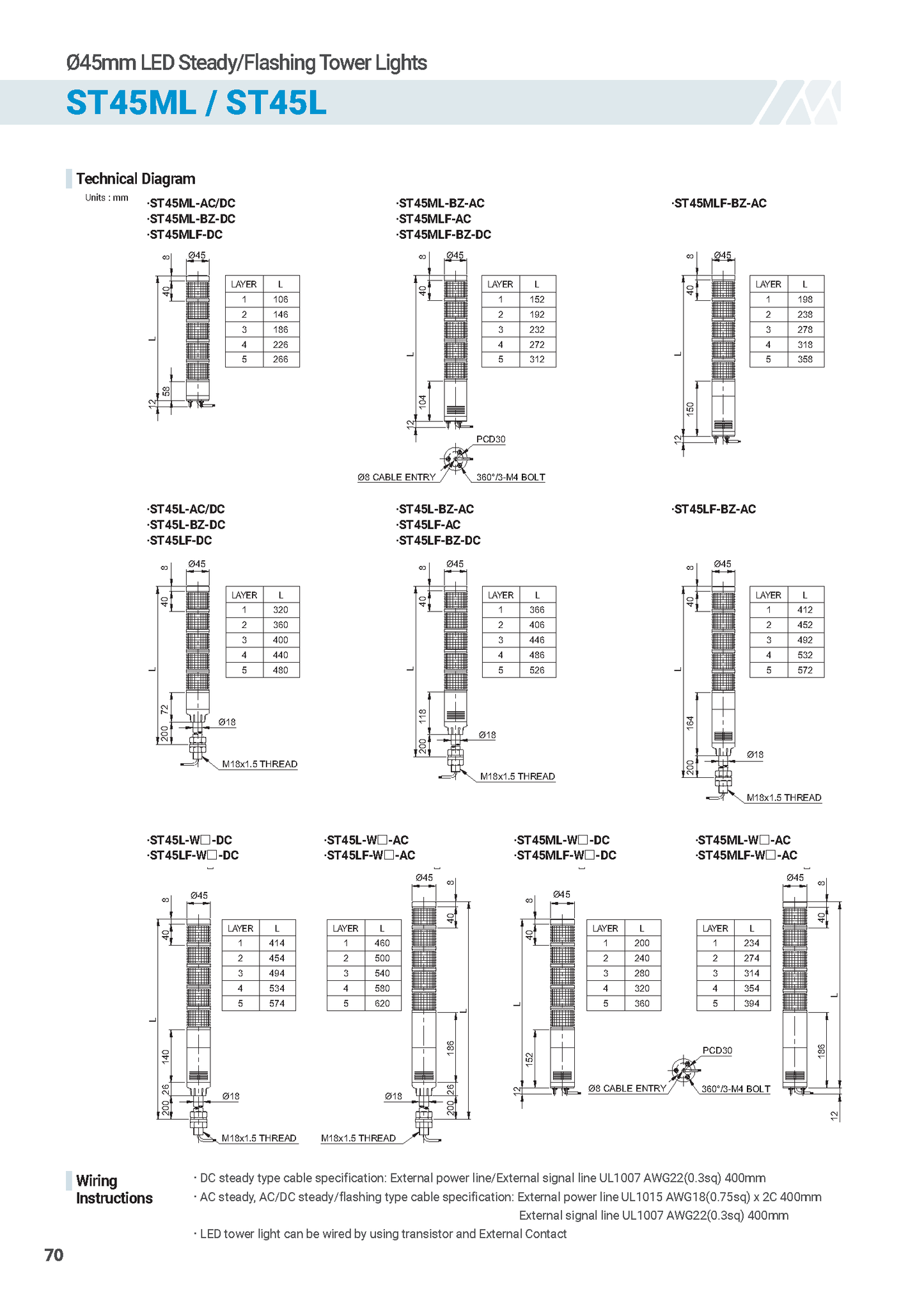 Signal Tower Lights ST Series ST45L Ø45mm Pole Mount Type LED Steady/Flashing Tower Lights Max.90dB