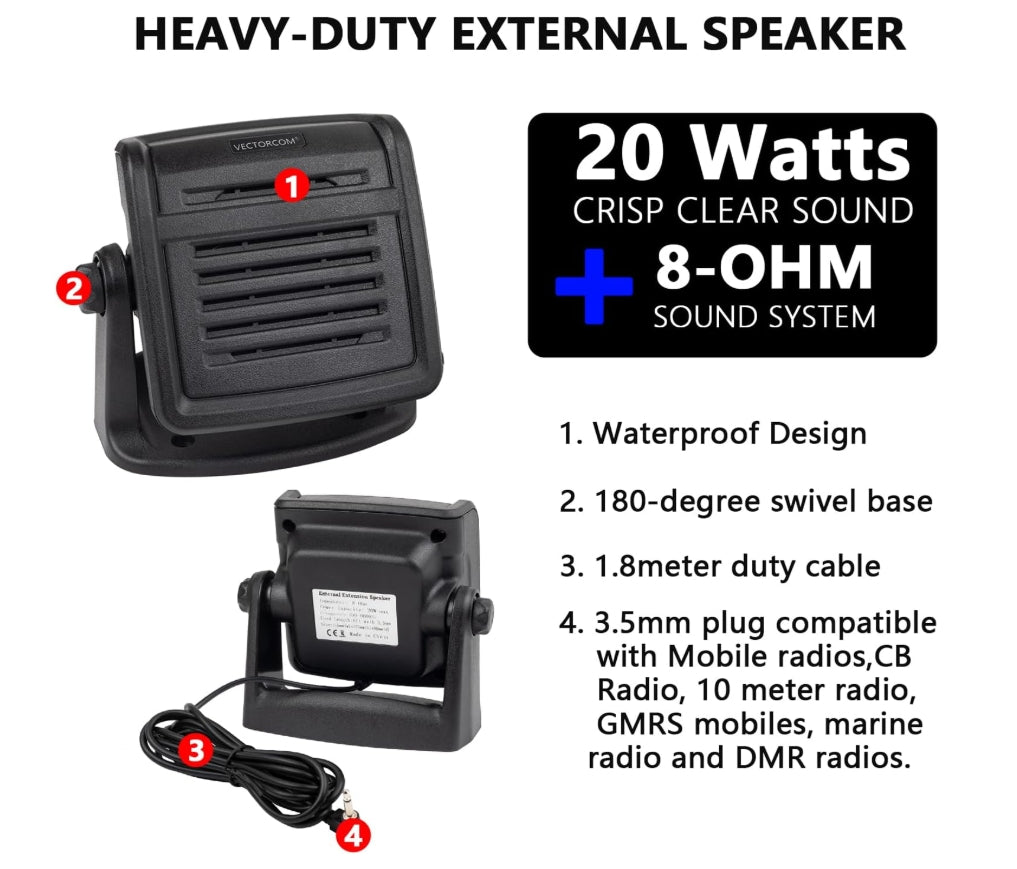 HEAVY-DUTY EXTERNAL SPEAKER 20W CRISP CLEAR SOUND compatible with Mobile radios,CB Radio,GMRS mobiles, marine radio and DMR radios